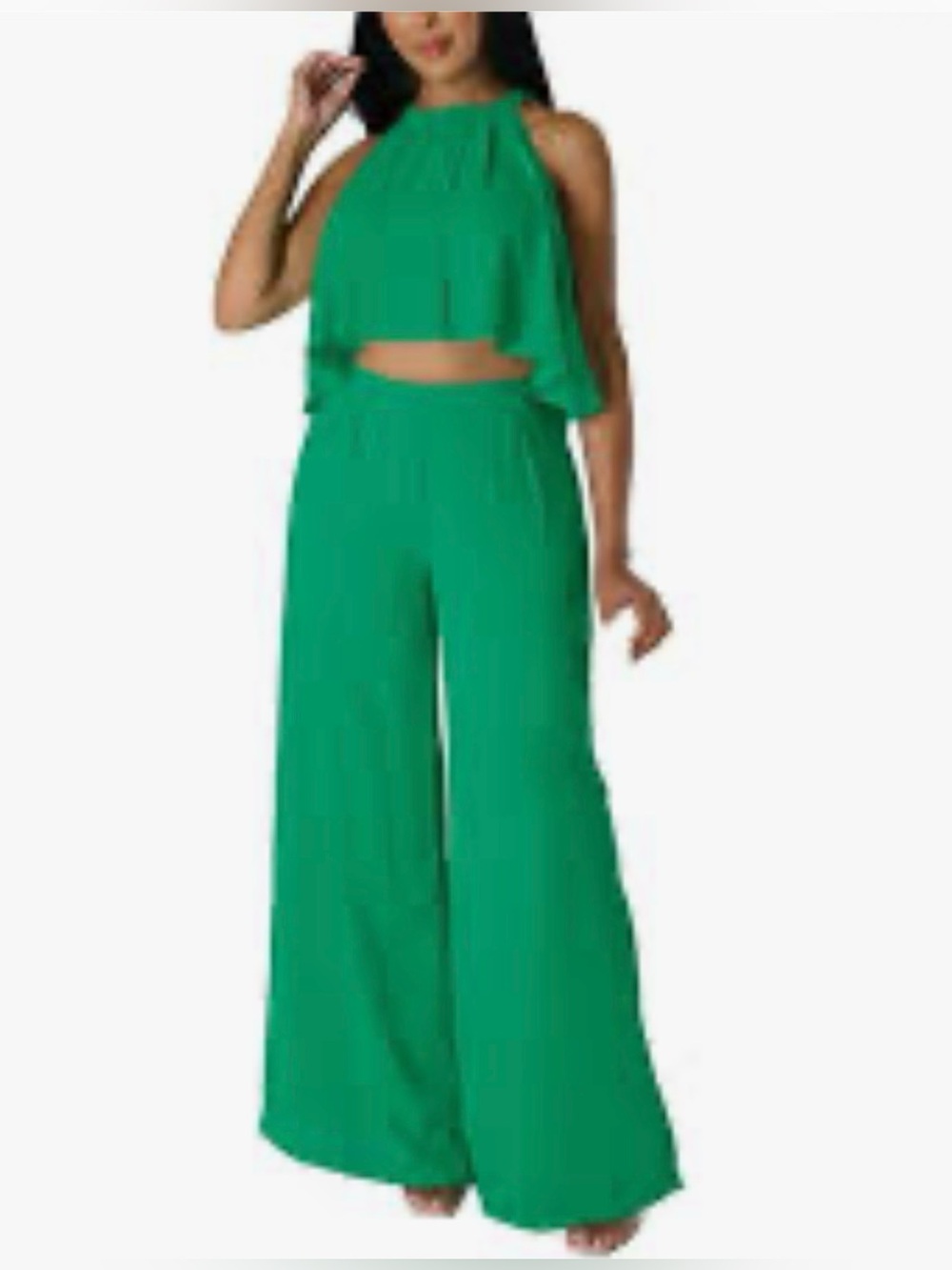 Green Wide-Leg Jumpsuit with Halter Top